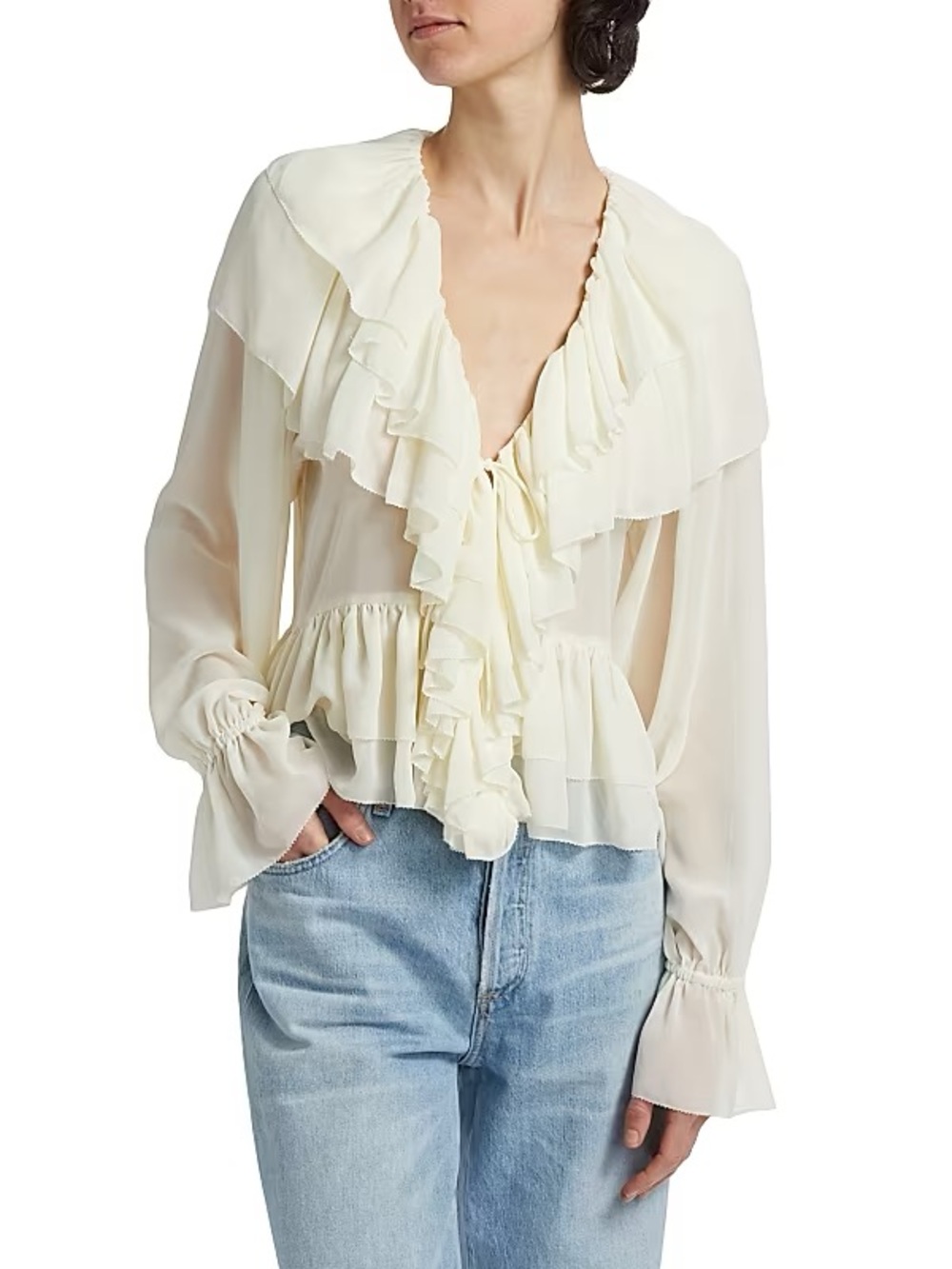 Ronny Kobo Collection Cream Ruffled V-Neck Peplum Blouse